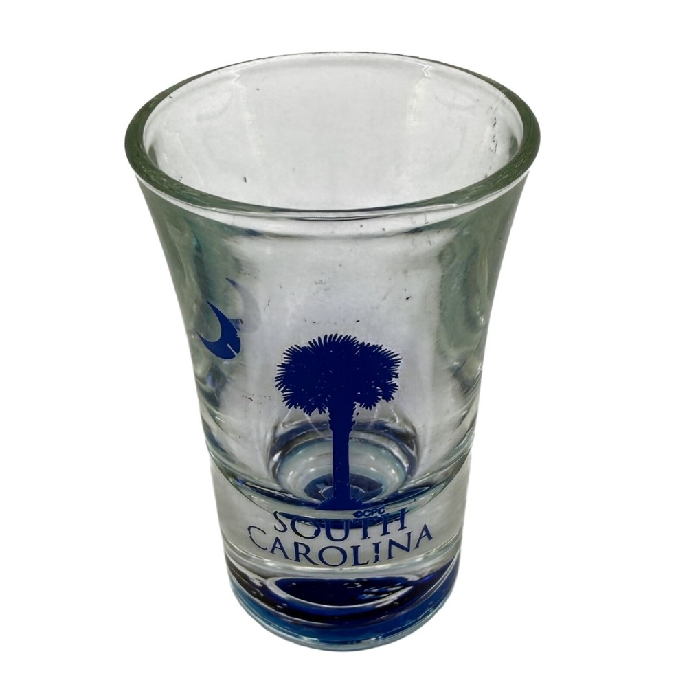 South Carolina Palmetto Tree Crescent Moon Blue Clear Souvenir Shot Glass 3.25"